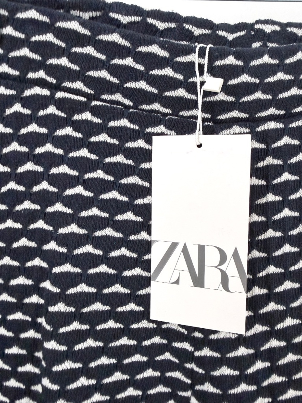 NWT ZARA Navy Cream Textured Knit Wide Leg Pants Jacquard Pull On Large
